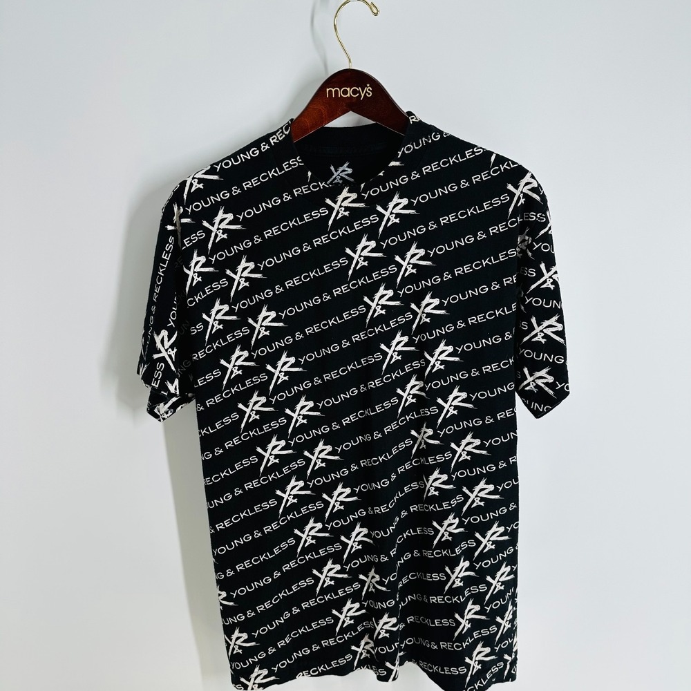 Vtg Y2K Style Young & Reckless Crew Neck Monogram ‎ T-Shirt Black White Size M